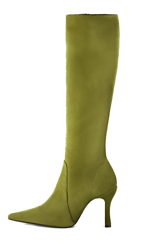 Pistachio green women's feminine knee-high boots. Pointed toe. Very high spool heels. Made to measure. Profile view - Florence KOOIJMAN
